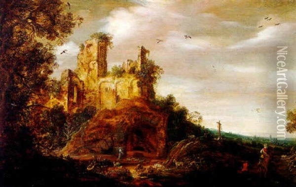Landscape With Ruins With Shepherds And A Cavalier On Horseback Oil Painting - Otto Marseus van Schrieck