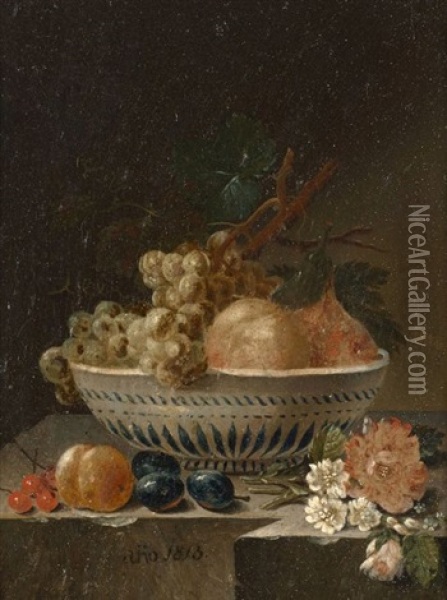 Compositions Aux Coupes De Fruits Et Fleurs Sur Un Entablement (pair) Oil Painting - Johann Amandus Winck