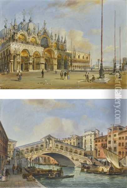 Venice, A View Of The Basilica Di San Marco; Venice, A View Of The Rialto Bridge From The South Oil Painting - Carlo Grubacs