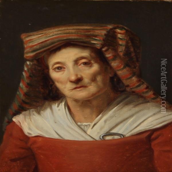 Italian Woman In A Red Dress And A Striped Headdress Oil Painting - Albert Kuchler