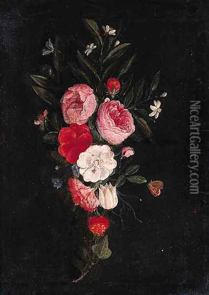 A swag of roses, carnations and other flowers - a fragment Oil Painting - Jan van Kessel