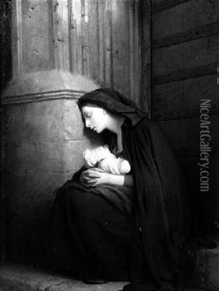 Eine Junge Frau Sitzt Mit Ihrem Kind Vor Einer Kirchentur Oil Painting - Nicolas Legrand