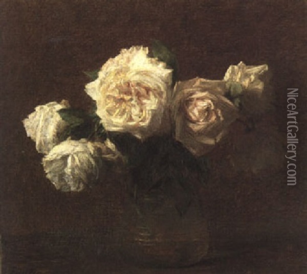 Six Roses Jaunes Dans Un Vase En Verre Oil Painting - Henri Fantin-Latour