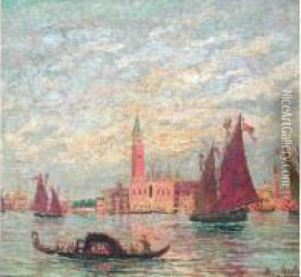 Gondole Et Voilier Pres De La Place Saint Marc A Venise Oil Painting - Henry Gerard