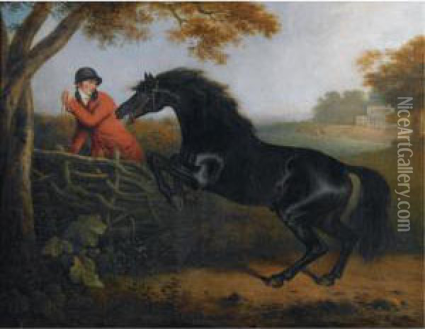 A Dark Bay Hunter Jumping A Gate In A Park Oil Painting - Henry Bernard Chalon