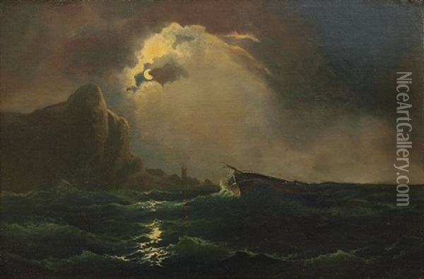 Nachtliche Kustenlandschaft Mit Gestrandetem Schiffswrack Oil Painting - Carl (Baron von) Hafften