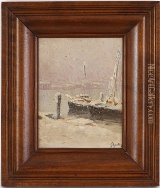 Barque Au Port Sous La Neige Oil Painting - Fernand Gaulis
