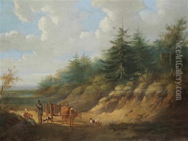Landscape With Farmer, Farmer's Wife And Cart Oil Painting - Pieter Gerardus Van Os