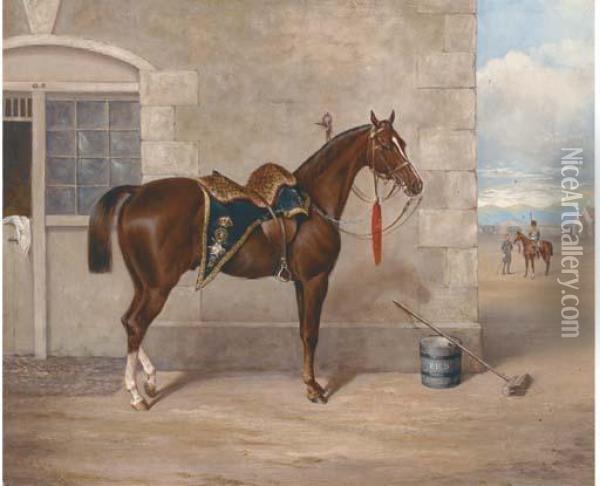 A Liver Chestnut Charger Of The Hussars Oil Painting - John Mathews