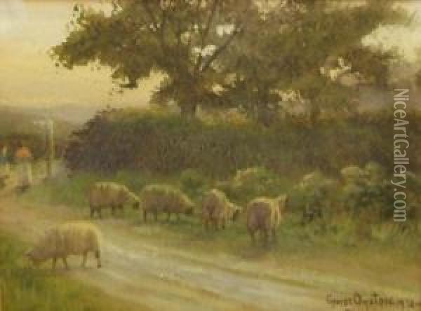 Figures With Sheep In A Lane Oil Painting - George Oyston