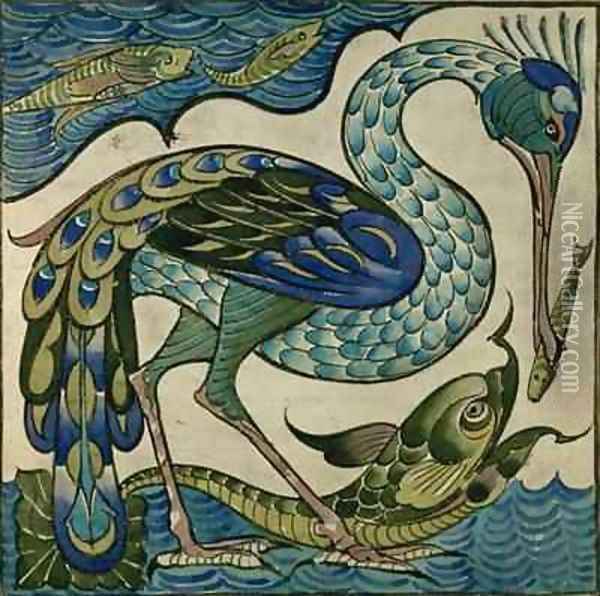 Tile design of heron and fish Oil Painting - Walter Crane