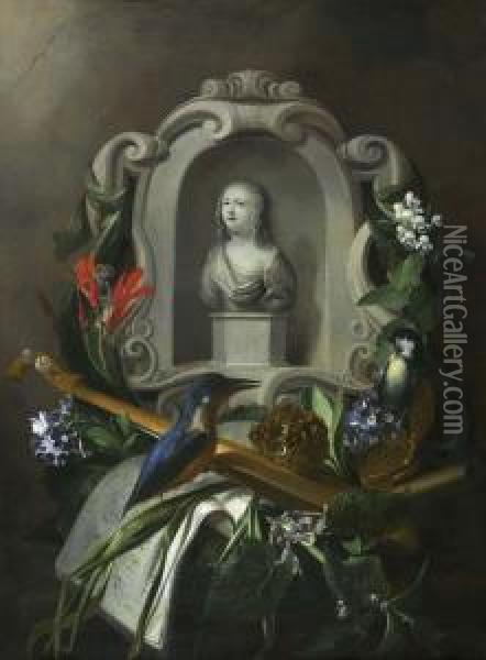 Cartouche With Bust Of A Woman 
Surrounded By Primroses And Deadnettles, Flute, Clock And Music Book, 
Kingfisher And Great Tit. Oil Painting - Jasper van der Lanen