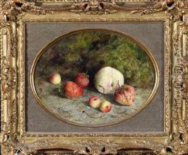 A Still-life Study Of Strawberries, Cherries And A Peach In A Hedgerow Oil Painting - Mary Ensor