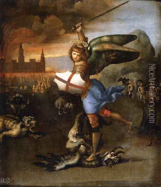 St Michael and the Dragon 2 Oil Painting - Raffaelo Sanzio