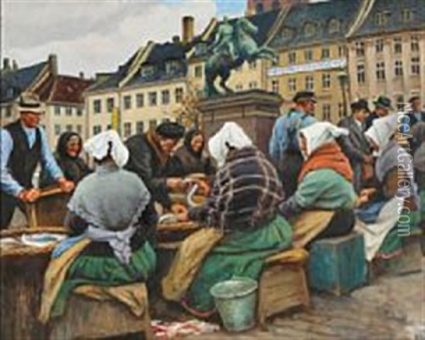 Fishermens' Wives Selling Fish At Hojbro Plads, Copenhagen Oil Painting - Emil Axel Krause
