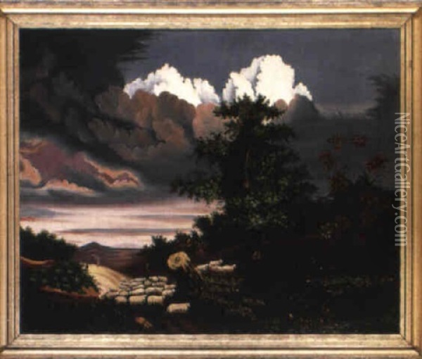 A Shepherd And A Flock Of Sheep In A Landscape With Approaching Storm Oil Painting - Thomas Chambers