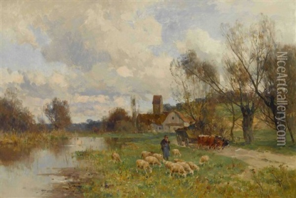 Schafer Mit Herde Am Flussufer Oil Painting - Karl Adam Heinisch