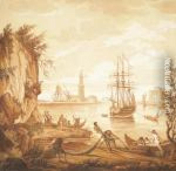A Mediterranean Coastal Harbour With Shipping And Fishermen Hauling Nets: En Brunaille Oil Painting - Jean-Baptiste Pillement