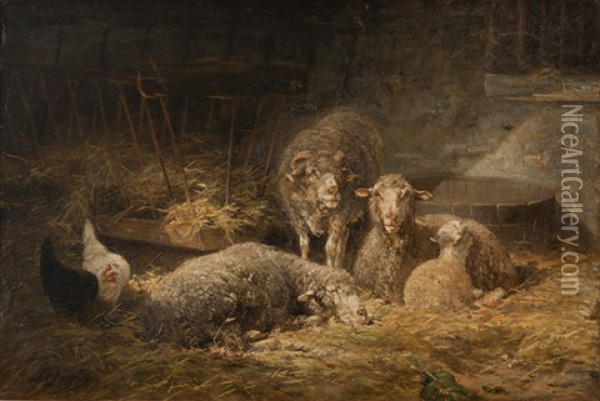 Stall Mit Schafen Und Huhnern Oil Painting - Charles Emile Jacque