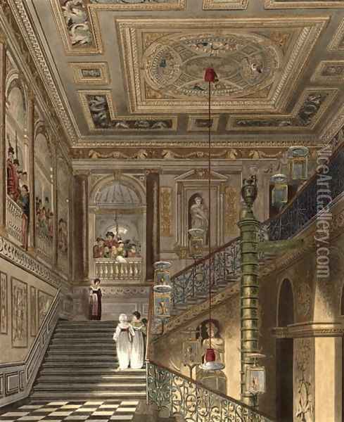 The Great Staircase at Kensington Palace From Pynes Royal Residences, engraved by Richard Reeve (b.1780) published in 1819 Oil Painting - Charles Wild