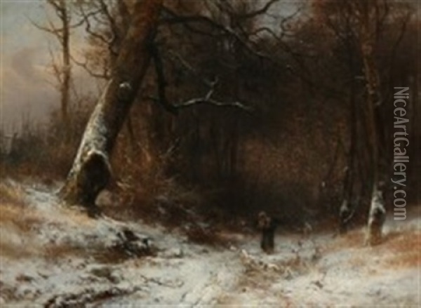 A Woman Gathering Firewood In A Snowy Forest Oil Painting - Frederik Niels Martin Rohde