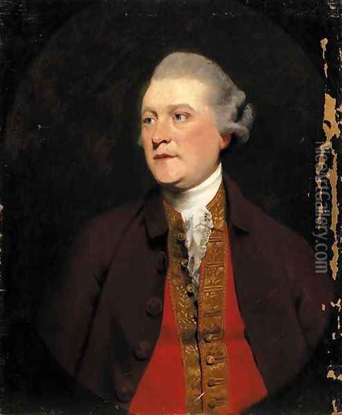Portrait of a gentleman, half-length, in a brown coat and red waistcoat with gold trim, feigned oval Oil Painting - John Hoppner