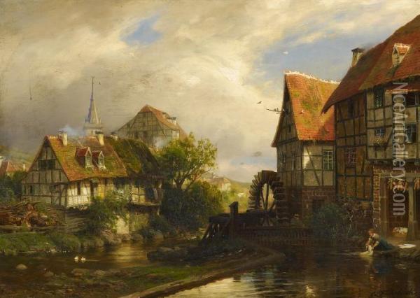 View Of A Town With A Watermill Oil Painting - Carl Ludwig Fahrbach