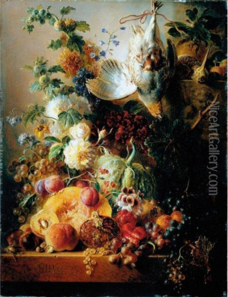 A Still Life Of Fruit Including 
Melons, Grapes, A Pomegranate, Plums And Peaches, Together With Nuts, 
Red Peppers, Flowers, A Snipe And A Partridge, All Upon A Ledge Oil Painting - Georgius Jacobus J. Van Os