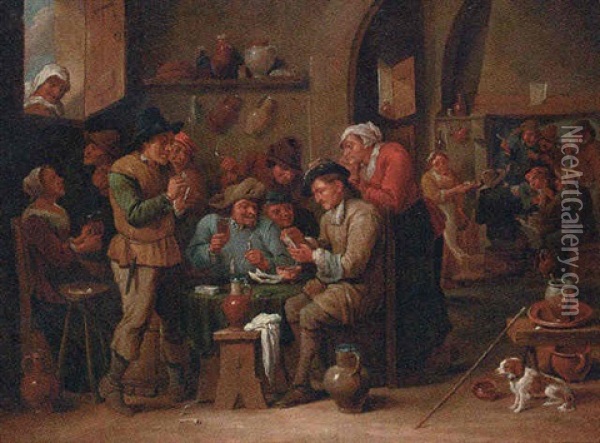 Peasants Playing Cards In A Tavern Interior Oil Painting - David Ryckaert III