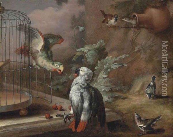 A Grey Parrot And An Amazon Parrot With Cherries By A Cage On A Marble Ledge, With Sparrows And Other Songbirds In A Landscape Oil Painting - William Tomkins