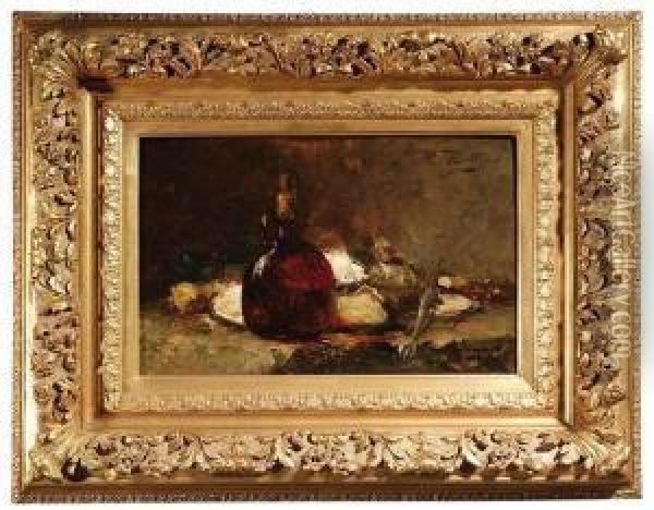 Still-life Withbottle, Oysters And Lemon Oil Painting - Hubert Bellis