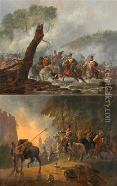 Reiterpatrouille Vor Einem Brennenden Dorf (+ Reiter Vor Dem Feind Einen Fluss Passierend; Pair) Oil Painting - Johann Conrad Gessner