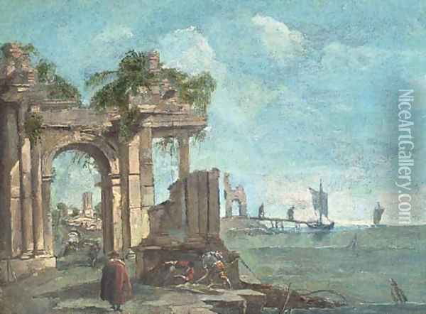 A capriccio of a Mediterranean harbour with figures amongst classical ruins Oil Painting - Francesco Guardi