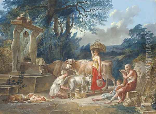 A peasant family and their animals by a well in a classical landscape Oil Painting - Jean-Baptiste Mallet