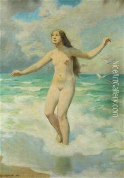 A Nude Girl At A Beach Oil Painting - Hugo Boettinger