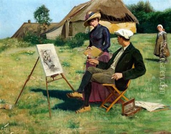 Landscape With A Young Painter And A Woman Admiring The Day's Work Oil Painting - Anne Sophie Petersen