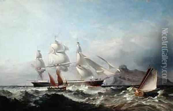 A Clipper Ship off the Mumbles Lighthouse Swansea Oil Painting - James Harris of Swansea