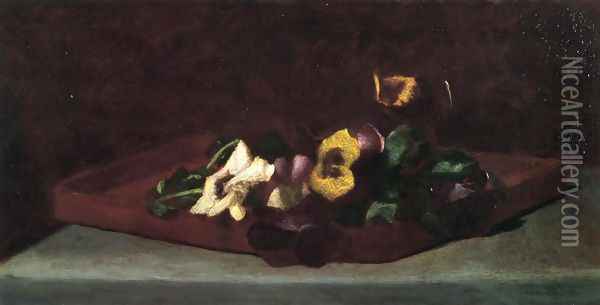 Pansies On A Tray Oil Painting - John La Farge