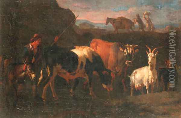 A cowherd with cattle, a goat and a donkey in an Italianate landscape Oil Painting - Pieter van Bloemen