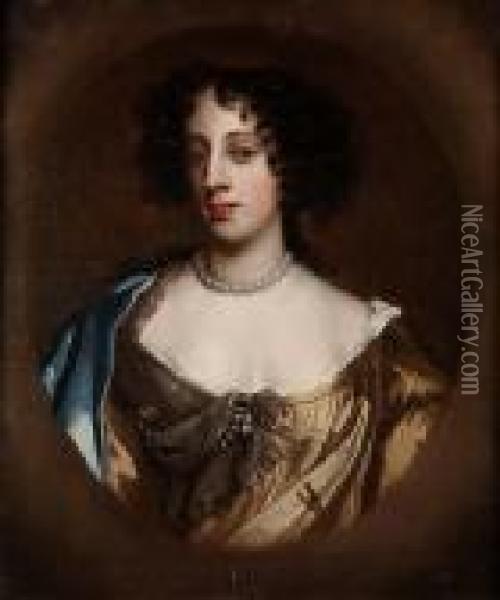 Portrait Of Barbara Villiers, 
Lady Castlemaine And Duchess Of Cleveland, Bust-length, In A Brown Silk 
Dress With A Blue Silk Shawl, In A Painted Oval Oil Painting - Sir Peter Lely