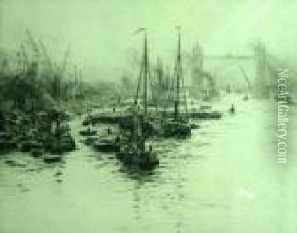 Eel Boats On The River Thames In Front Of Tower Bridge Oil Painting - William Lionel Wyllie