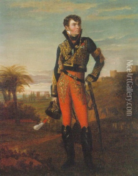 Portrait Of A French Hussar Of The Napoleonic Era Standing In An Egyptian Landscape Oil Painting - Georges Rouget