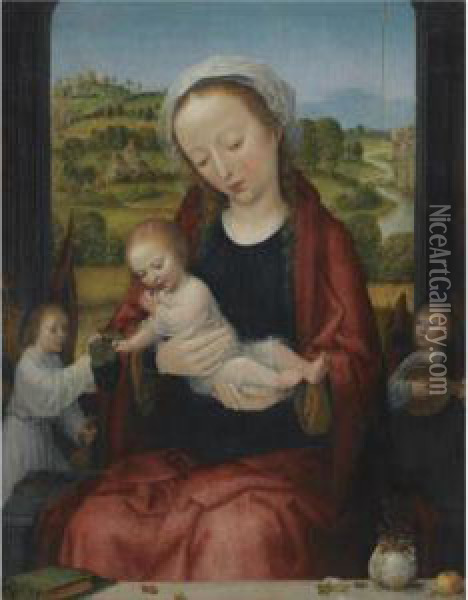 The Virgin And Child Enthroned, 
Attended By Angels Before An Open Window, An Extensive Fluvial Landscape
 Beyond Oil Painting - Adriaen Isenbrandt (Ysenbrandt)