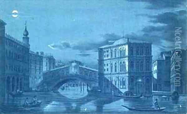 Nocturnal Scene of the Ponte di Rialto Venice Oil Painting - Dalda