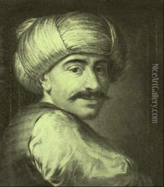 Portrait Of A Turk Wearing A Red Silk Waistcoat And White Turban Oil Painting - Hieronymus Lapis