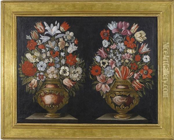 Natura Morta Costituita Da Due Vasi Difiori Oil Painting - Master Of The Grotesque Vases