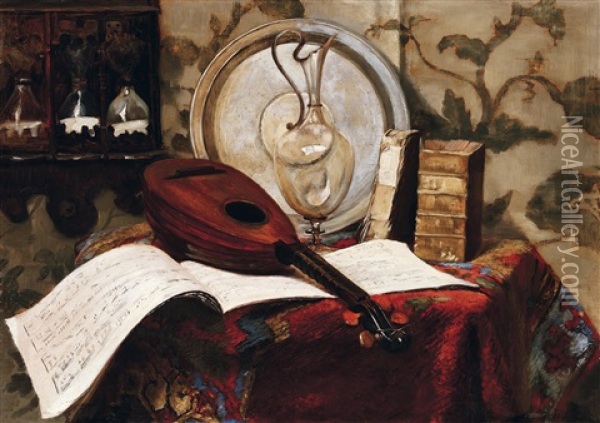 Studio Still-life With Mandolin Oil Painting - Fritz (Friedrich) Rojka