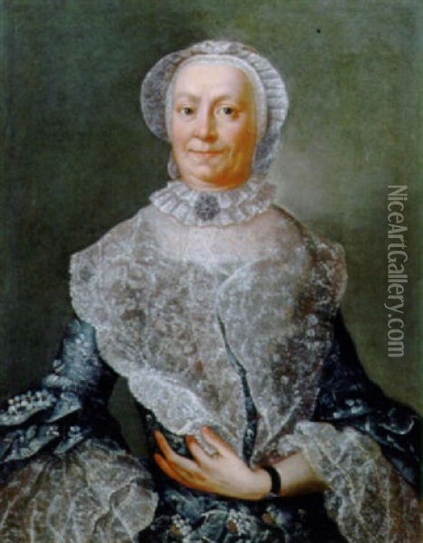 Portrait Of An Elderly Woman Wearing A Light Blue Satin Dress With Lace Cuffs, Collar And Bonnet Oil Painting - Alessandro Longhi