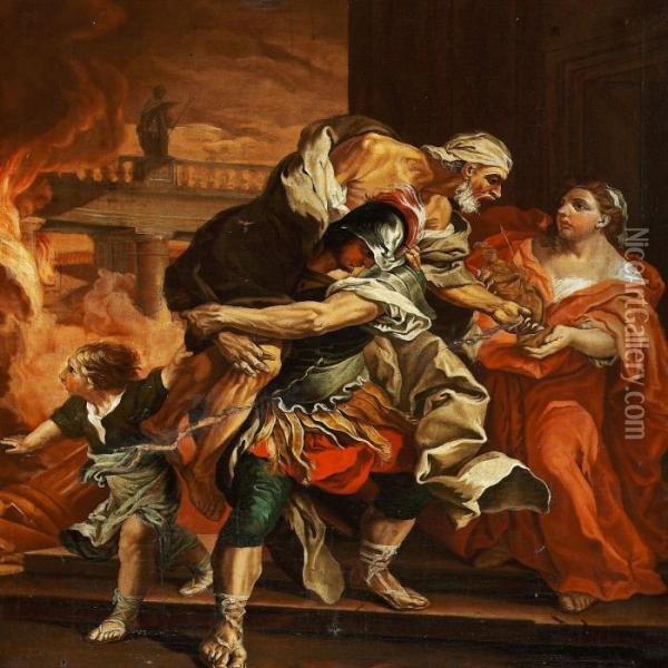 Aeneas Fleeing The Burning Troy Oil Painting - Pietro Testa
