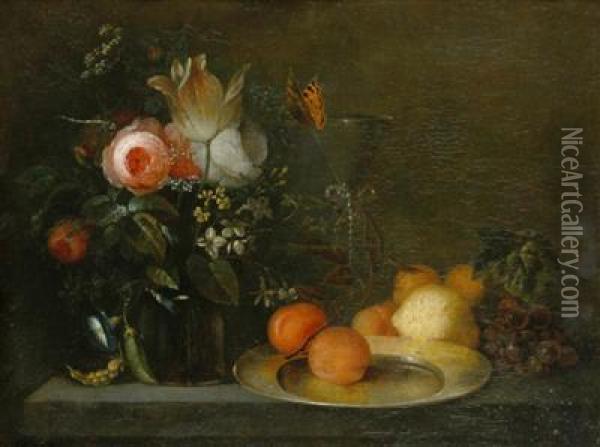A Still Life With Flowers And Fruit Oil Painting - Heem De Jan Davidsz & Studio